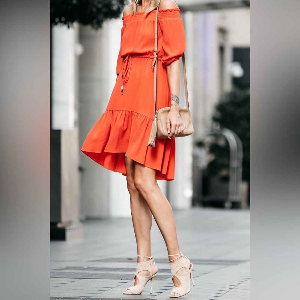 Vince Camuto Off The Shoulder Dress Size 16W Ruffle Hem Half Sleeve Orange‎